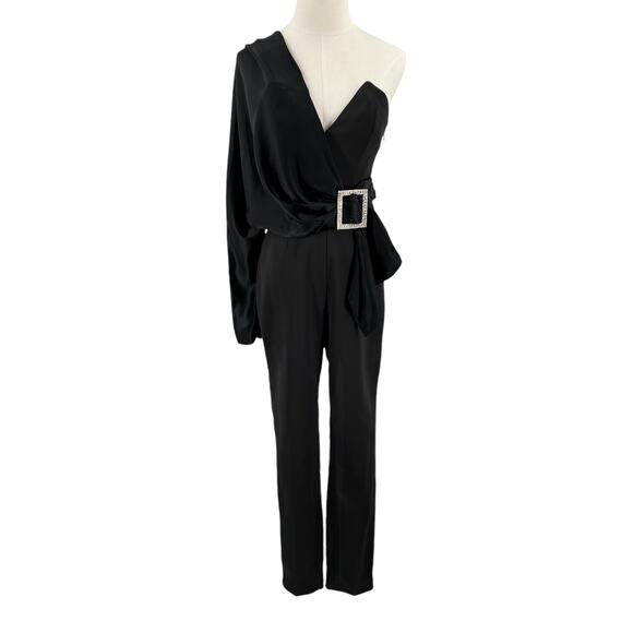 House of CB Womens Willow Black Satin Jumpsuit Asymmetrical Size Small
